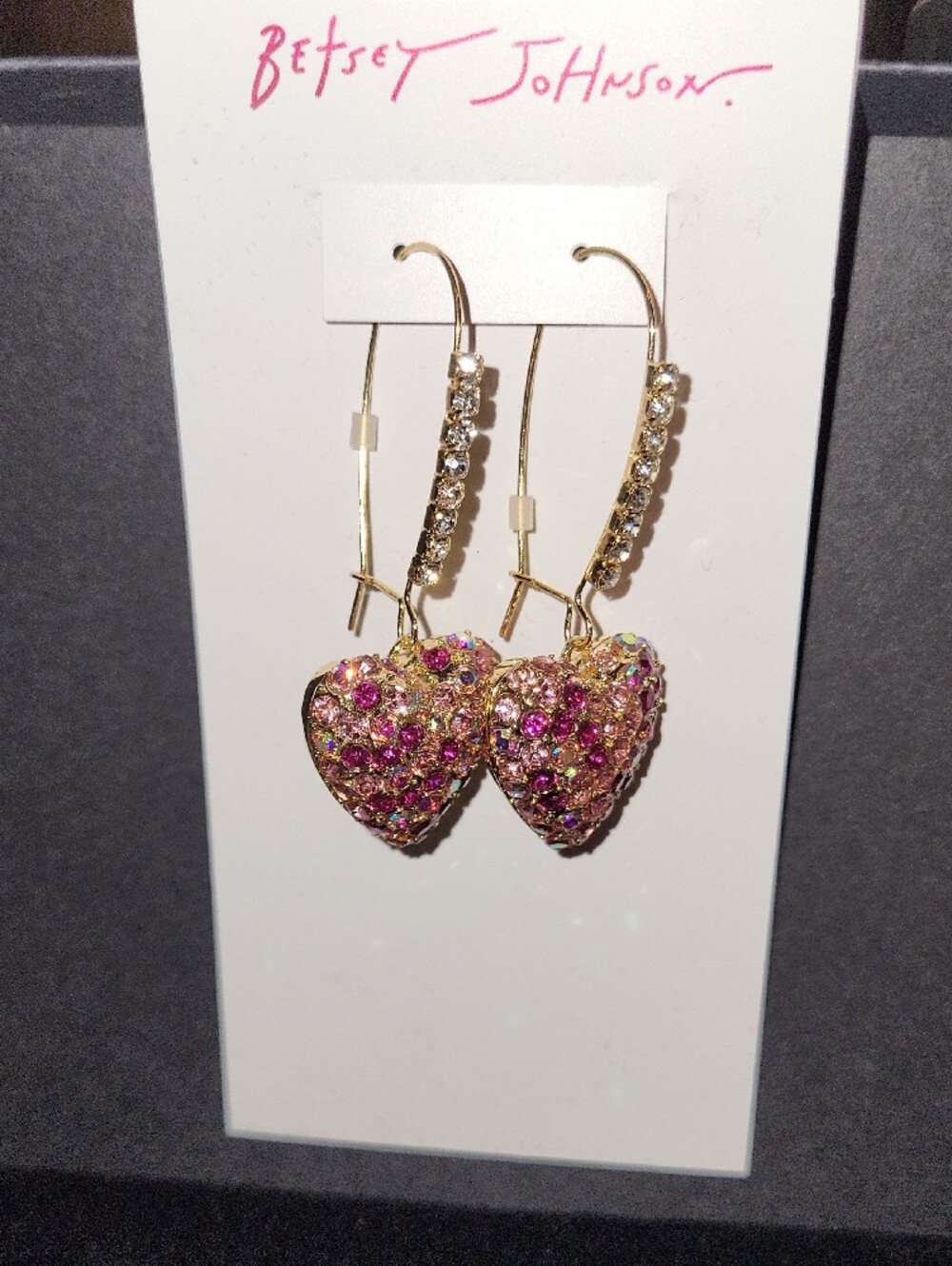 Betsey Johnson Gold-Tone Pink & Aurora Rhinestone Puffy Heart Dangle Earrings Te